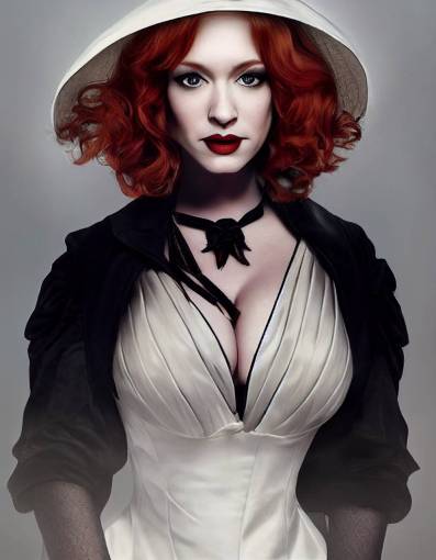 **< realistic portrait photo of Christina Hendricks as Lady Dimitrescu, white dress, hot vampire mommy, modern elegant Gothic, Addams Family, wide-brimmed hat, black leather boots,