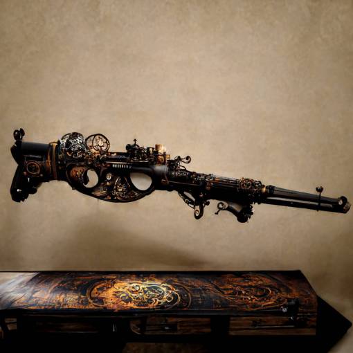 rifle on table, detailed, photorealistic, black metal, steampunk, victorian