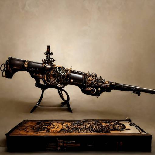rifle on table, detailed, photorealistic, black metal, steampunk, victorian