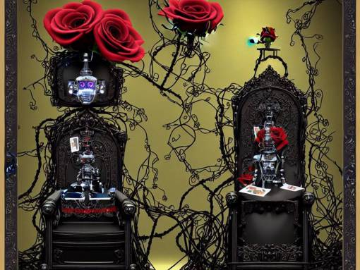 robot helmet on a throne, roses with vines dripping black liquid, tarot card with ornate border frame, ornamented flowing jewelry, 4k, trending on artstation, hyper realistic, photorealistic, volumetric lighting, in the style of michael cheval,