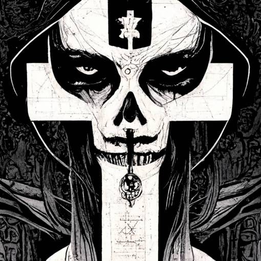 santa muerte, full body, holding the scythe of Death, evil look, in a satan cross, back and white, drawn by Florent Maudoux