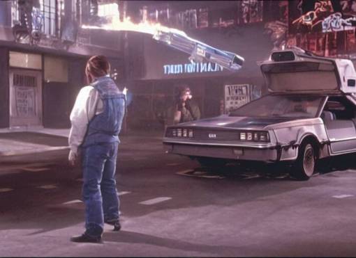 screenshot from the iconic scene from the lost Back to the Future film directed by Martin Scorsese, cinematic lighting, unsettling set design with extreme detail, moody cinematography, with anamorphic lenses, crisp, detailed, 4k image