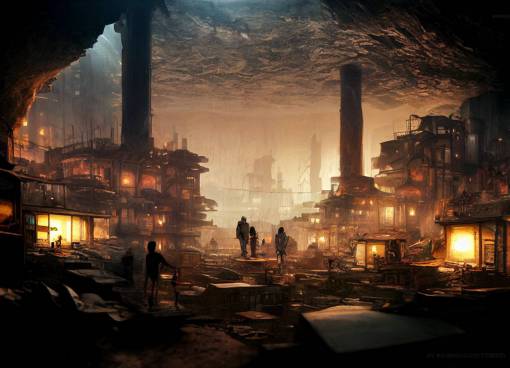 slums, science fiction city, inside a cave, on a docking bay, machines in the background, photorealistic, octane render, unreal engine, hyper detailed, hdr, fluorescent lighting,
