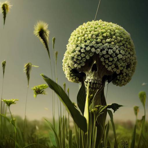 tall plants with long green stems, big blooms, lush grass, bees, sunny, sunshine, 8k, ultra-realistic, photo-realistic, skulls, eerie, doom, looming