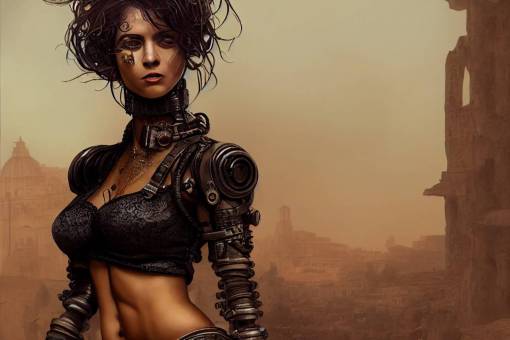tanned skin female, full body pose, middle aged, peppered hair, stubble, cyberpunk, steampunk, intricate, villa, Rome, 4k hd, realism,