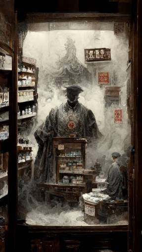 The Chinatown pharmacy owner is a ghost hiding behind the counter and watching you eerily, dim light, traditional Chinese ink painting, 8k, cold tone, photorealistic, ultra detailed, legendary, meticulous