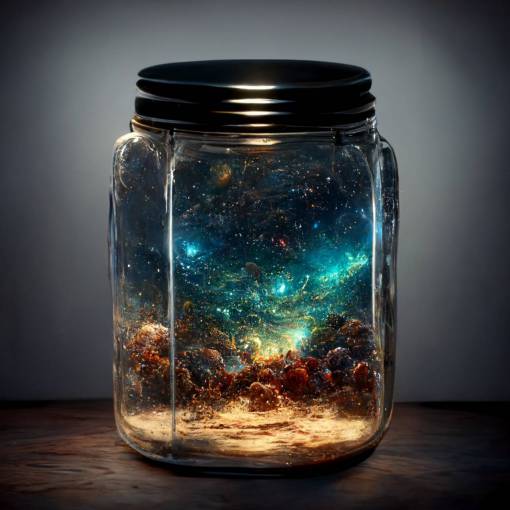 the entire universe contained inside a glass jar, super realistic, hyper detailed, dramatic lighting, 4k