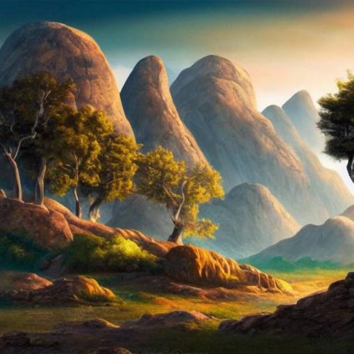 The stone landscape with mountains in the background, Sci-Fi  fantasy wallpaper, painted, 4k, high detail, sharp focus