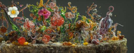 ultradetailed photorealistic still life with jelly flowers by ernst haeckel, jan brueghel, james jean and salvador dal