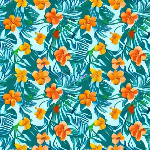 Vector illustration of tropical flowers with multiple cohesive colors ranging from warms blues to bright oranges on a dark moldy blue background, 4K resolution