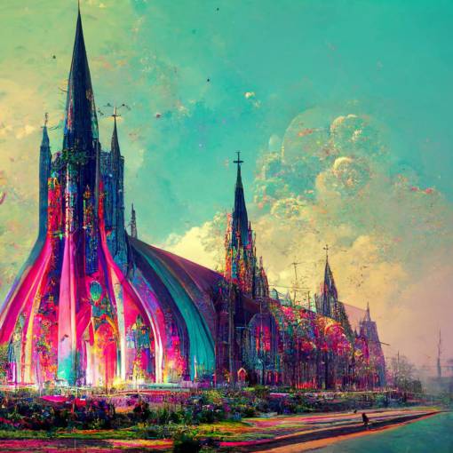 victorian cathedral, oversized, solarpunk, dreamlike, colorful detailed