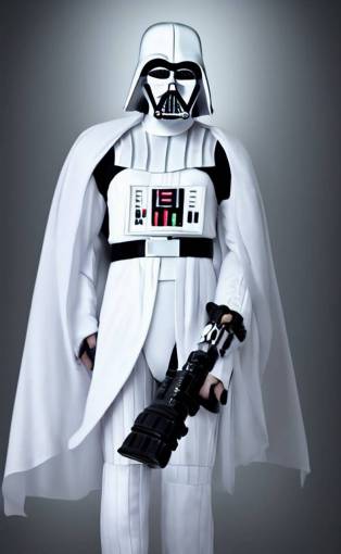 White Darth Vader suit, black background, soft light, white lightsaber, realism, 4k,