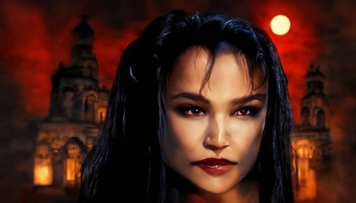 young tia carrere as a vampire, night, ancient city, 3d cg, highly detailed, 4k
