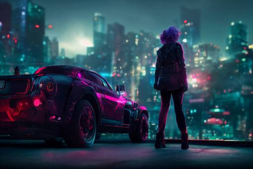 zoomed out, full body portrait girl turned back, sliding over car highly detailed, black neon jacket, tattooed arms, gun in hand, ruby haired cyberpunk, cinematic 8k, octane render, dramatic lighting, night city in background