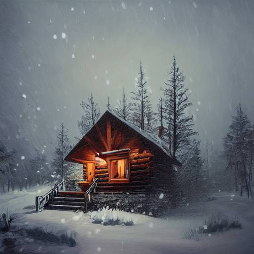 a cozy cabin in the woods during a gentle blizzard