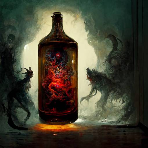a demon coming out of a bottle of alcohol
