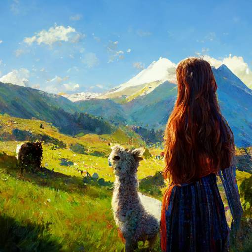 A happy girl and a happy alpaca together into the mountains. Sunny day. Realistic. High detail. Beautiful. 16:9. 70mm.
