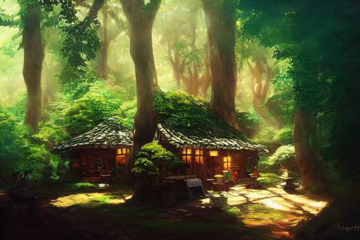 a small forest teahouse in the style of Studio Ghibli, dappled light, afternoon, vibrant, 4k,
