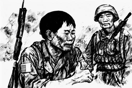 a U.S. soldier in the Vietnam war talking to a Vietnamese villager, pen and ink, line drawing, in the style of Timothy bradstreet