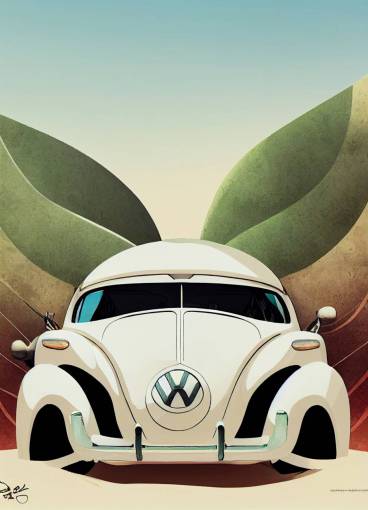 **A victorious white VW Dune Beetle, smiling bumper, background forest, cartoon style, lighthearted