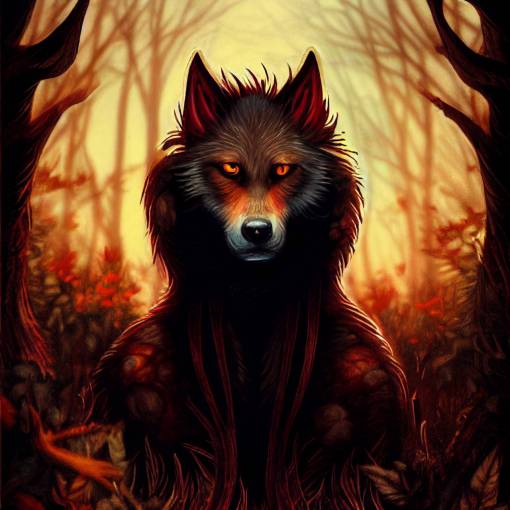 a werewolf in the forest, as a tarot card, colors gold and red, realistic style