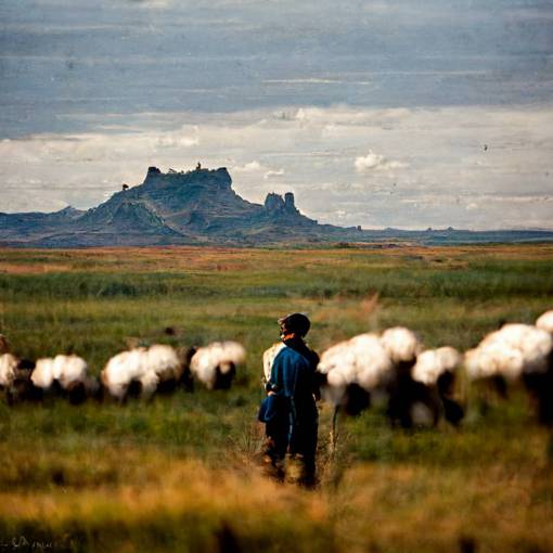 a young man ranch hand, herding sheep, south dakota buttes in the background