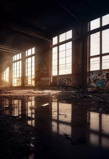 abandoned industrial warehouse with dirty wet floors and broken items with graffiti walls,sunlight shining in broken windows in the background,cinematic lighting with atmosphere and particles, 8k octane render,unreal engine,