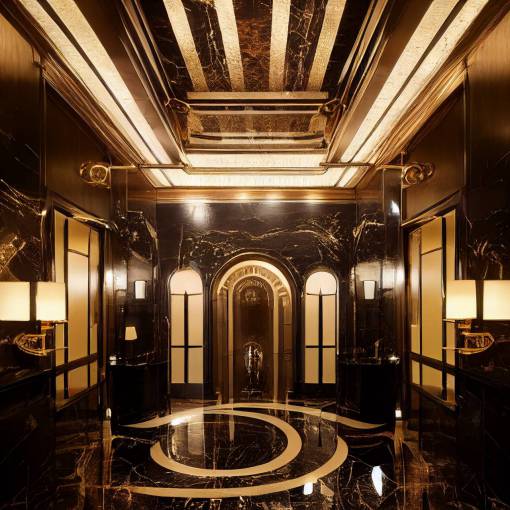 art deco huge hotel lobby with beatiful details, in an exclusive hotel, gold, obsidian, black marble, majestic, ultra detailled, photorealistic, dramatic lighting, wide angle