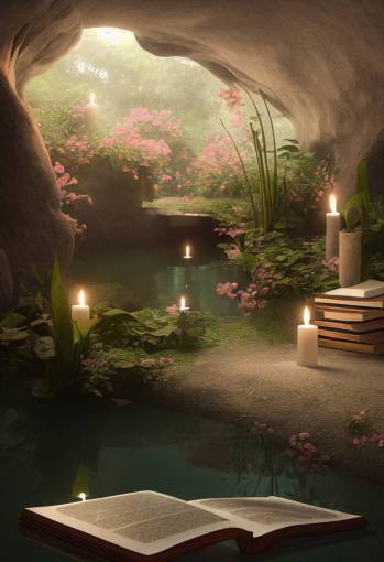 beautiful peaceful underground cave grotto library with pond, plant vines, expensive pillows, library books, photorealistic, lush greenery, romantic candles, white red flowers, 8k, highly detailed, Octane Render, Unreal Engine
