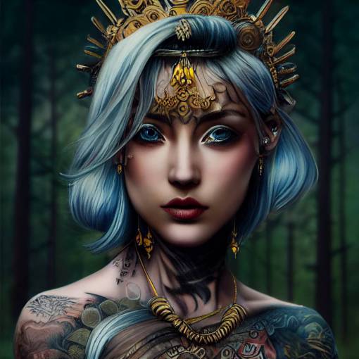 beautiful tattooed godess, warrior queen, blue eyes, blonde-gray bob hairstyle, , forest in the background complex details