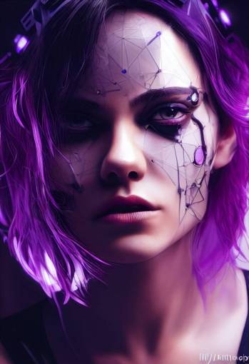 'beautiful young woman' , 'short purple hair' , 'face of mila kunis' , 'cyberpunk cyborg, cyberpunk implants, machine demon ' , 'tech background, dramatic backlighting' , artstation, portrait, dslr