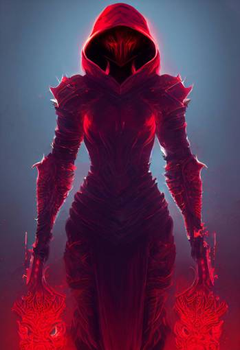 character concept, beautiful demon hunter in armor, red hair, hooded cowl, intricate smooth patterns, power armor, diablo splash art, cinematic lighting, Tsutomu Nihei style