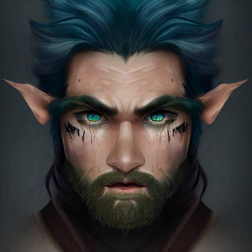 character concept of a male elf, handsome, rugged, large scars down the left side of the face, ranger, green hair, blue eyes, sad smile, realistic, detailed, portrait