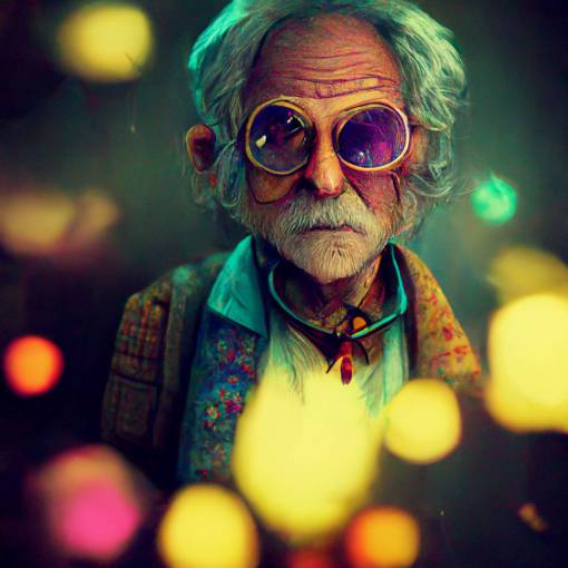 Character design, Eccentric grandpa tells bedtime tales of whimsical worlds of fantasy, magic, hair like Dr. Brown from Back to the Future, old man, fortune teller aesthetic, neon, vibrant eyes, high contrast, fashion photography, dramatic lighting, epic lighting, cinematic scene, volumetric lighting, photorealistic, real photos, ultra fine, HD details, movie lights, 8K, mysterious, aesthetic, dark