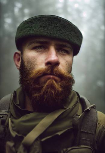 Close-up portrait of a bearded special forces soldier wearing a green beret in a foggy forest, dramatic lighting, gloomy atmosphere, fashion photography, moody rimlight, ultra-detailed, intimate portrait composition, photo realism, ray-traced reflections, Cinestill 800T