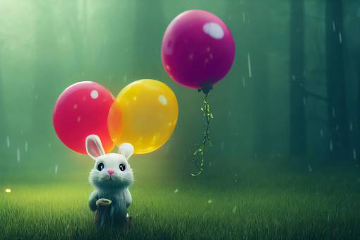 colorful chibi bunny creature holding a giant balloon, raining, dreary, forest, 8k, hyper realism, octane render, unreal engine 5, realistic