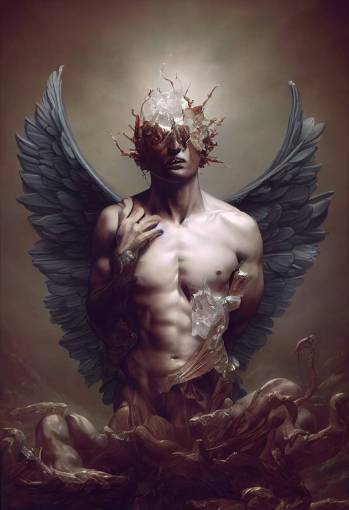corrupted male angel of abstraction, crystallized representation destroys imagination, denying the surreal, concrete factual representational, by Roberto Ferri and Marco Mazzoni, full portrait, cinematic lighting
