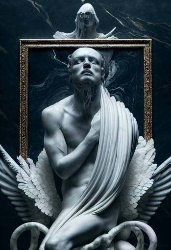 corrupted male angel of abstraction, stunning fluid carved from marble throne, flowing crystal background, embrace the surreal, concrete factual representational, by Roberto Ferri and Marco Mazzoni, full portrait, cinematic lighting