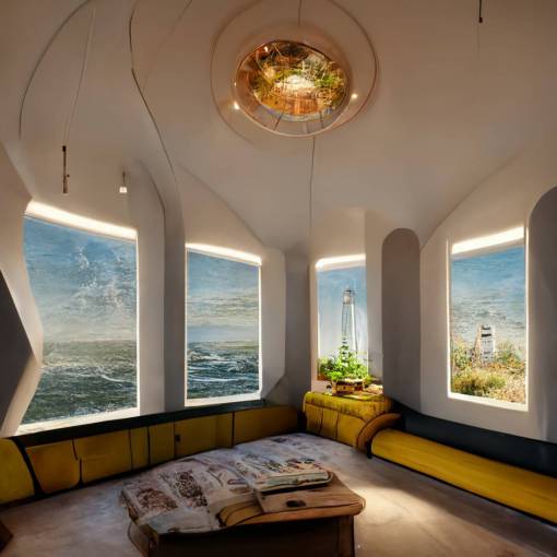 cross-section of a converted lighthouse into an apartment, furnished rooms, bathroom with shower, living room with couch, kitchen, children's room in the attic, solar punk, ultra detailed, hd, 8k
