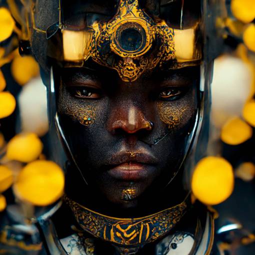 epic 3d portrait of an african king wearing mech armor made of black crystals, golden ornate around the armor, symmetrical body, hyperrealistic, intricate details, shiny, cinematic, unreal engine, artstation, octane render,