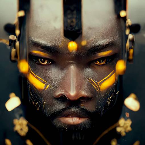 epic 3d portrait of an african king wearing mech armor made of black crystals, golden ornate around the armor, symmetrical body, hyperrealistic, intricate details, shiny, cinematic, unreal engine, artstation, octane render,