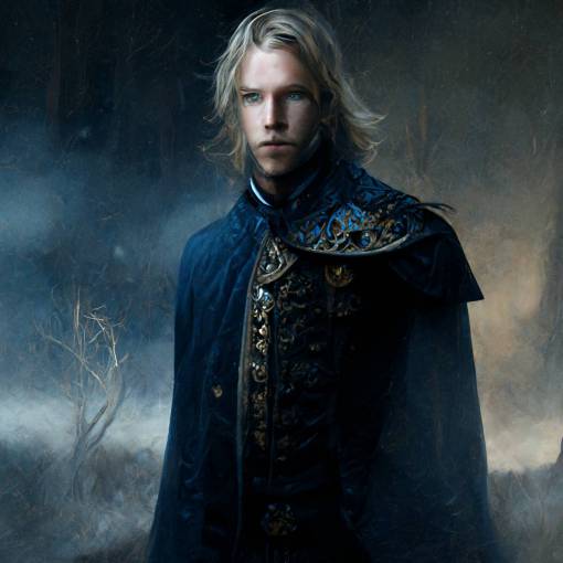 fantasy character, gorgeous man, tall, strong, long blonde hair, big blue eyes, highly detailed dark blue cape, ornate silver filigree, holding a ceremonial dagger, the prince of shadows, standing in wood paneled study, snowing outside window, photorealistic, octane render, volumetric lighting, symmetrical face, renaissance, medieval, ultra detailed, 150mm, high fashion