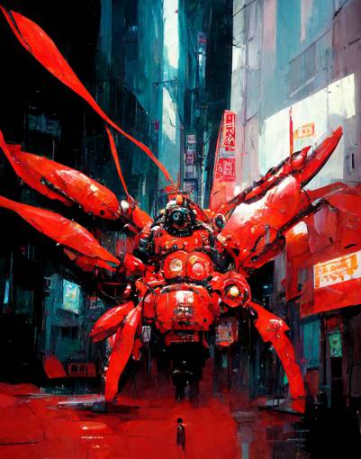 Heavy Mecha, Alaskan king crab, massive scale, hard industrial sci fi, in futuristic Neo Tokyo, shiny red and black metal plating, style of Masamune Shirow