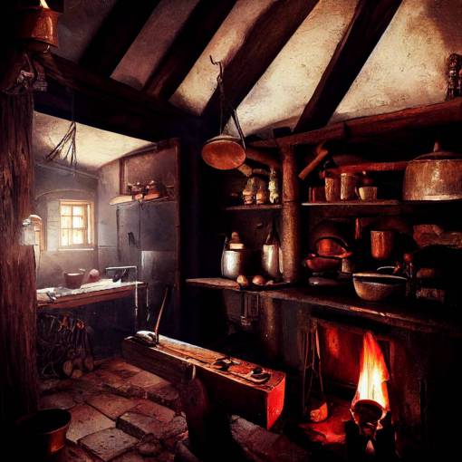 medieval forge, interior of a medieval wooden hut, anvil, forge, tongs hanging from the ceiling, decorations, highly detailed, dark, seedy, dirt, grime, realistic, unreal engine