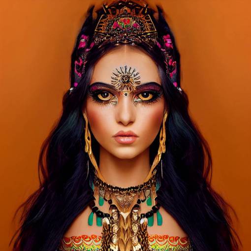Photo of middle-eastern girl posing with long hair and exotic face and body makeup wearing tribal dress with elaborate jewelry, symmetrical eyes, detailed eyes, perfect eyes, breathtaking eyes, striking beauty, model photography, cover photography, detailed, intricate