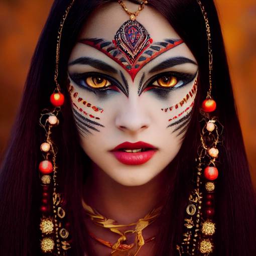 Photo of middle-eastern vampire girl posing with long hair and vampire teeth wearing tribal dress with elaborate jewelry, symmetrical eyes, detailed eyes, perfect eyes, breathtaking eyes, striking beauty, model photography, cover photography, detailed, intricate