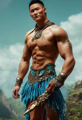 photorealistic full muscular body shot of two hunks, handsome young muscular of taiwanese descent, as John Carter warrior of Mars, happy face, shaved, crew cut, 20 years old, intricate blue tattoos on body, realistic turquoise eyes and full lips looking into the distance, speckled with blue gems and gold leaf, highly detailed gold and blue-green aztec armor, Bokeh, photo realistic, cinematic mist in the background, blender, octane render 5,