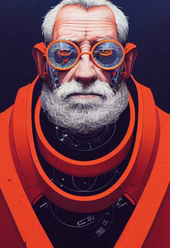 portrait of a old man cyborg, sci-fi, orange, blue, tech wear, symmetry, depth of field, intricate, elegant, highly detailed, digital painting, artstation, concept art, smooth, sharp focus, illustration, art by greg rutkowski and borris vallejo