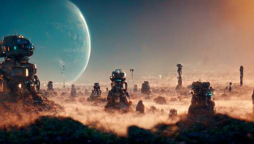 Robot civilization terraforming a planet, extremely detailed, cinematic lighting, unreal engine, octane render, 4k