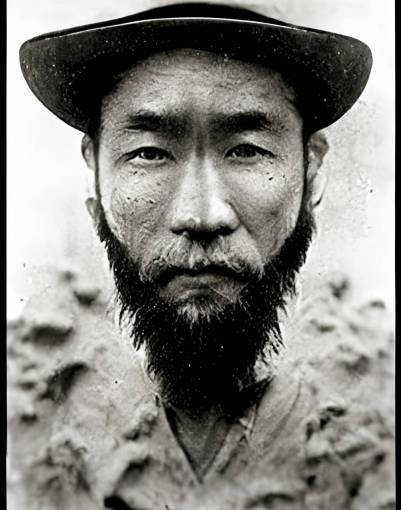 rugged looking east asian man with beard up close, dust bowl, black and white, photograph, canon,